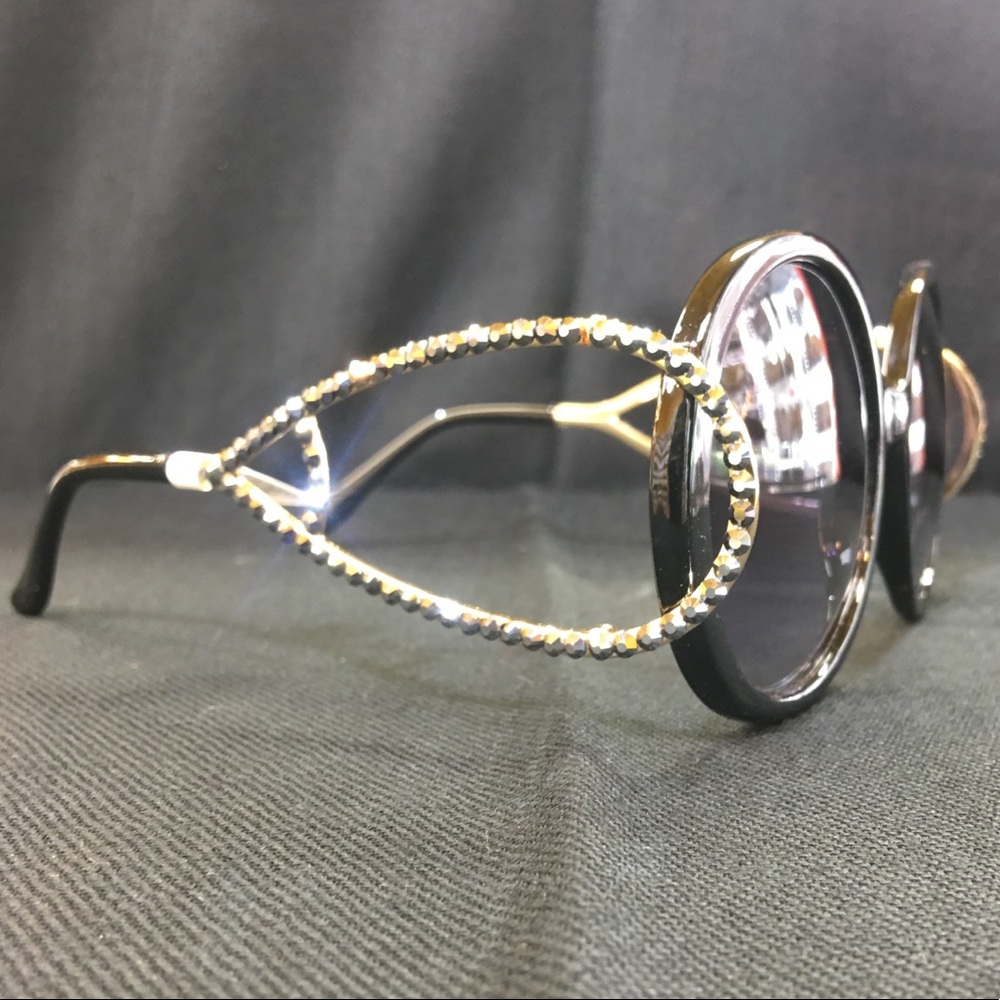 Round Black Sunglasses Pewter Grey Crystal Glasses